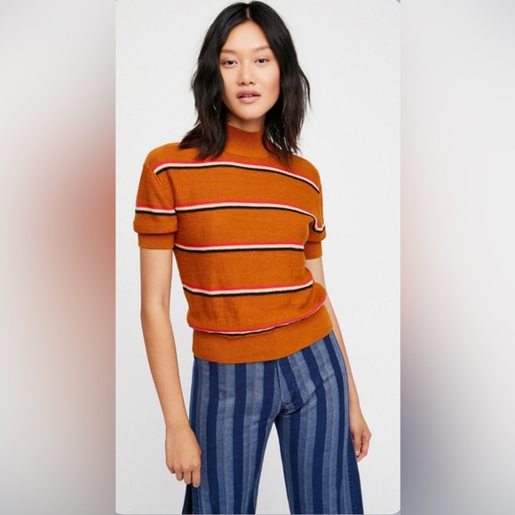 Free People Retro Mock Burnt Orange Black/White Striped Linen Blend Sweater SML - Picture 2 of 8